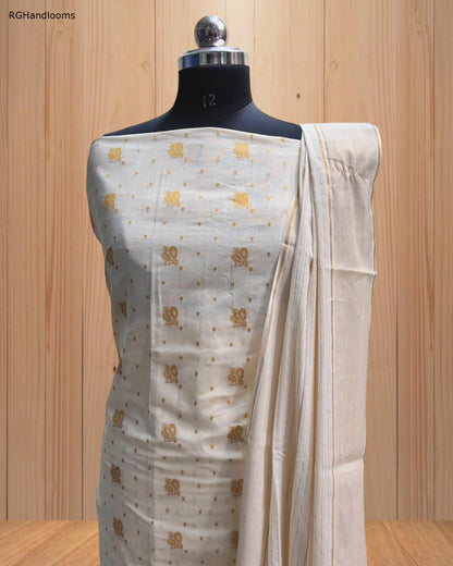 White Churidar Material with Golden Design, Black Dots & Golden Border