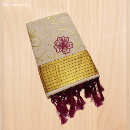 Beige Kerala Saree with Stitched Flower, Red Line, and Golden Border