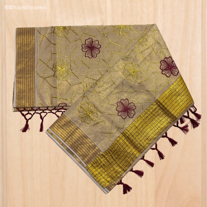 Beige Kerala Saree with Stitched Flower, Red Line, and Golden Border