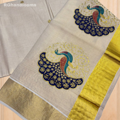 GoldenTissue Saree Peacock Embroidery Work