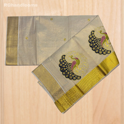 GoldenTissue Saree Peacock Embroidery Work