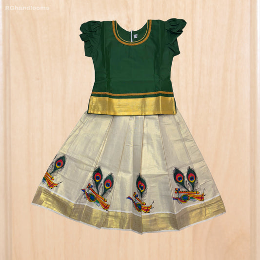 Green colour frock with peacock design