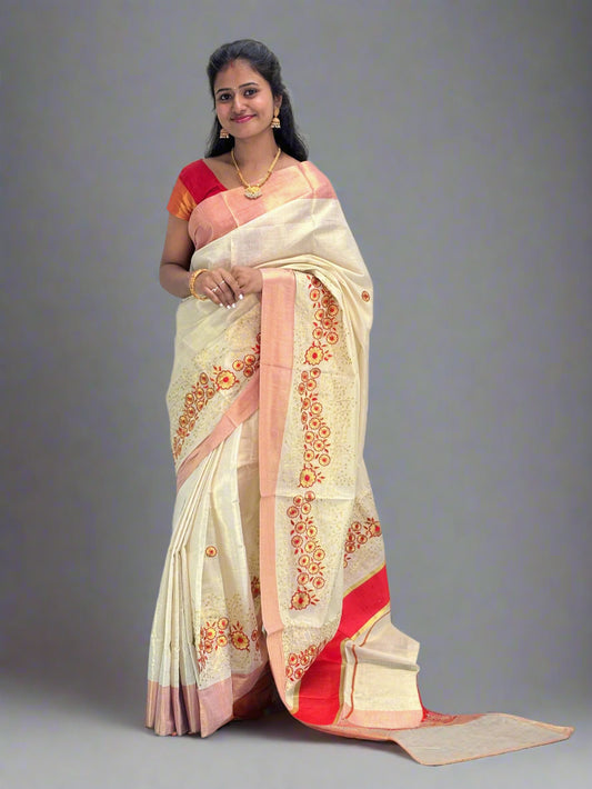 Ivory Saree with Red Sunflower Stitch Design and Red Border