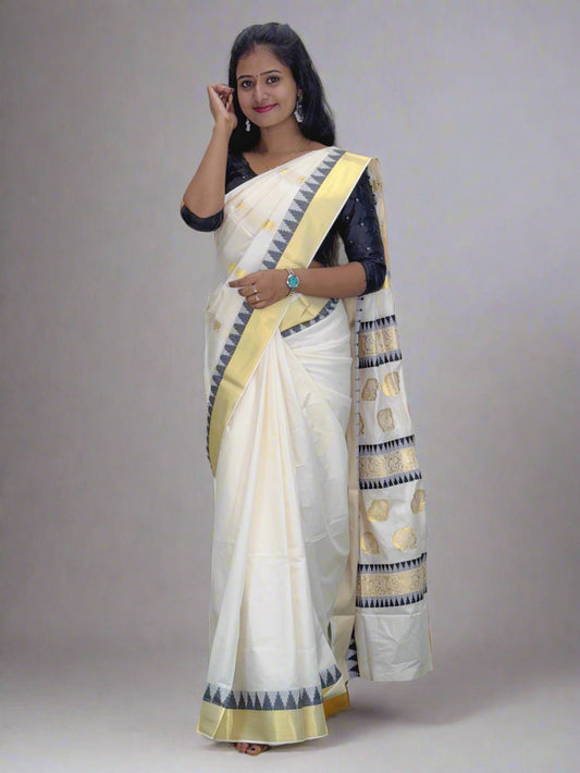 Handloom Beige Tissue Saree with Golden and Colored Border and Golden Design