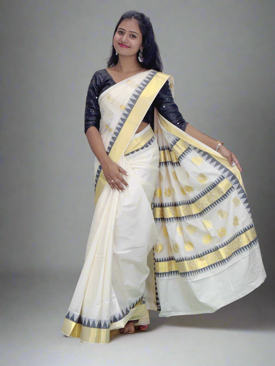 Handloom Beige Tissue Saree with Golden and Colored Border and Golden Design