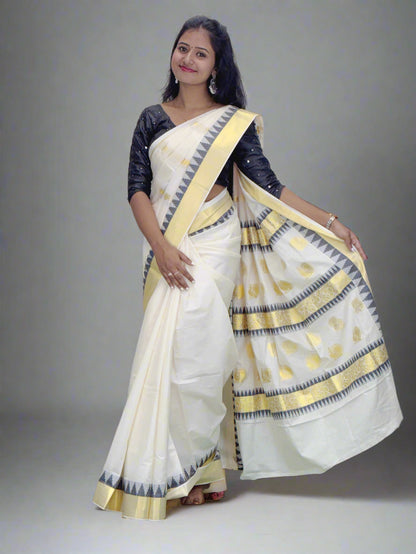 Handloom Beige Tissue Saree with Golden and Colored Border and Golden Design