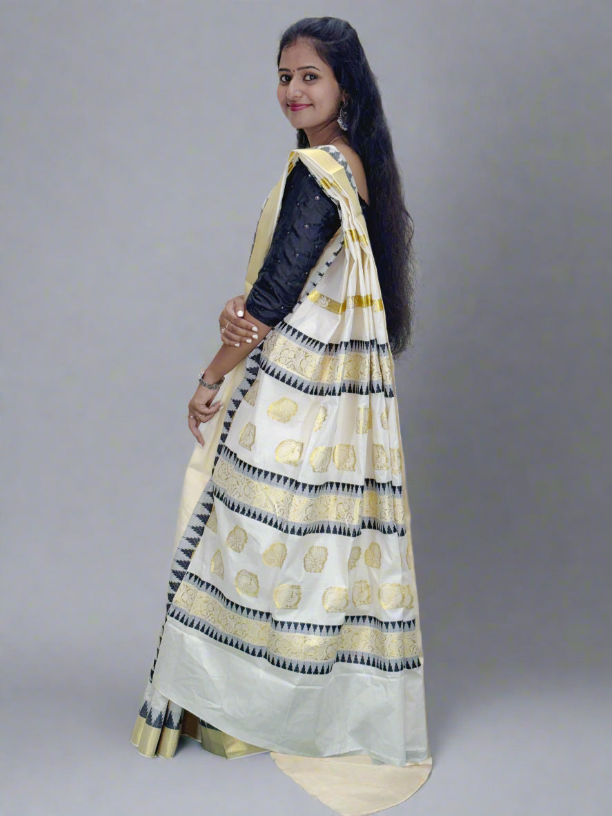 Handloom Beige Tissue Saree with Golden and Colored Border and Golden Design