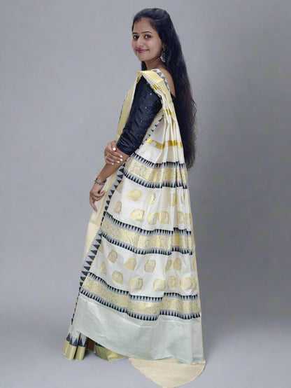 Handloom Beige Tissue Saree with Golden and Colored Border and Golden Design