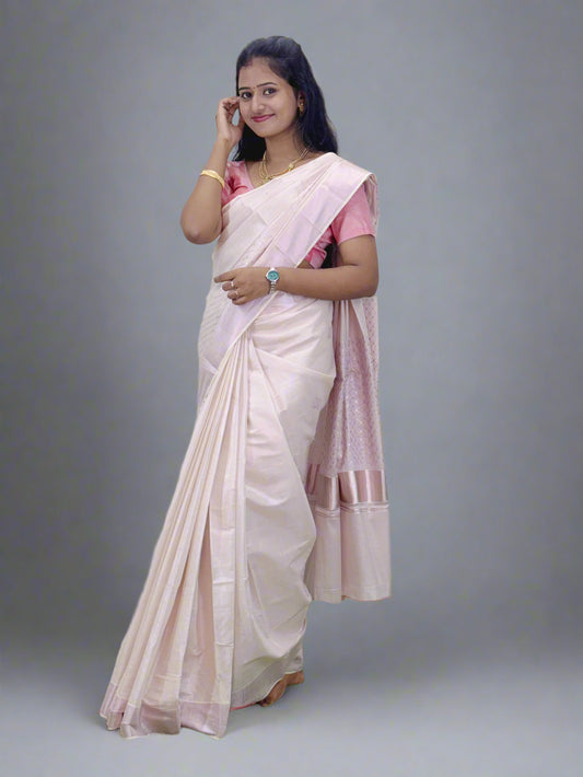 Elegant Pink Handloom Tissue Saree with Glossy Border