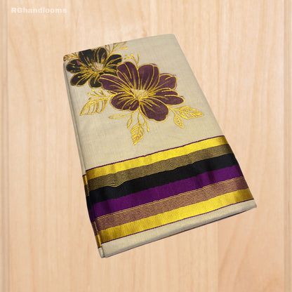 Tissue Hand Paint Saree with embroidery , with Flower Designs