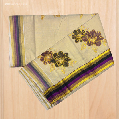 Tissue Hand Paint Saree with embroidery , with Flower Designs