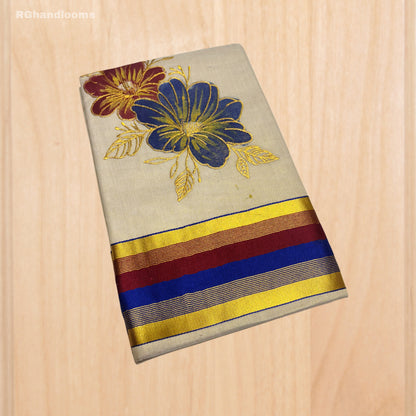 Tissue Hand Paint Saree with embroidery , with Flower Designs