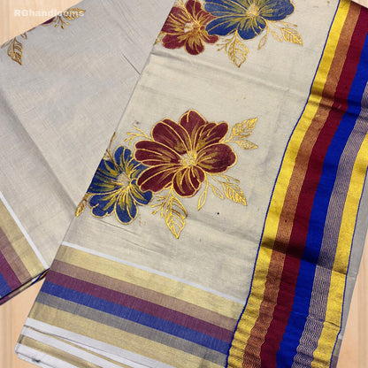 Tissue Hand Paint Saree with embroidery , with Flower Designs