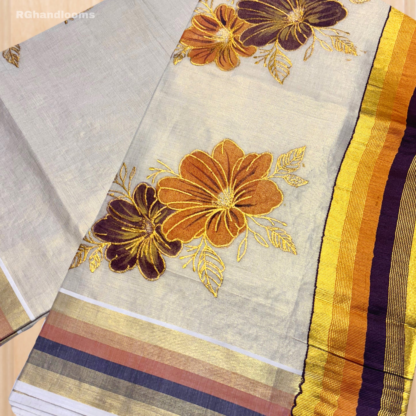 Tissue Hand Paint Saree with embroidery , with Flower Designs