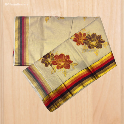 Tissue Hand Paint Saree with embroidery , with Flower Designs