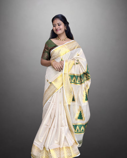 Cotton Tissue Saree Temple Border. All over saree Temple butta