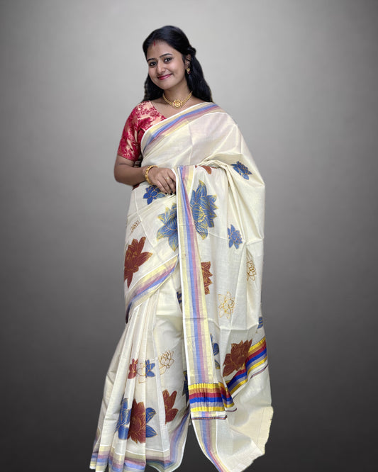 Tissue Hand Paint Saree with embroidery , with Flower Designs
