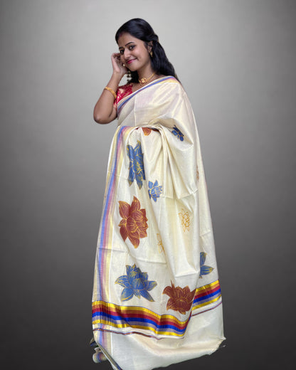 Tissue Hand Paint Saree with embroidery , with Flower Designs