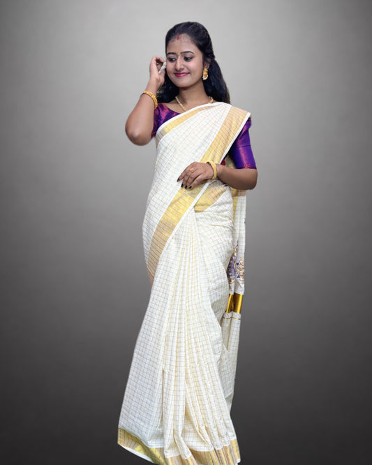 Cotton Set Saree Traditional Peacock With Check Pattern