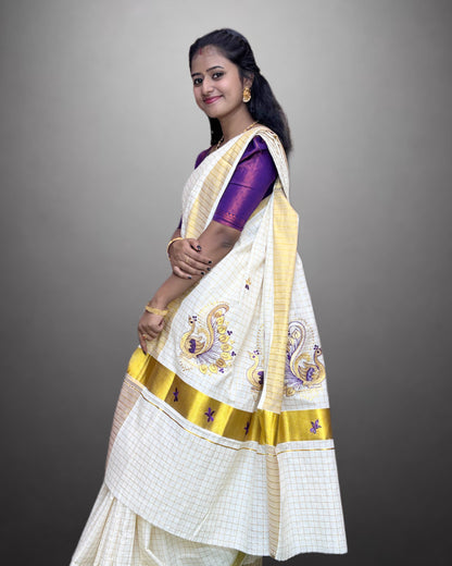 Cotton Set Saree Traditional Peacock With Check Pattern