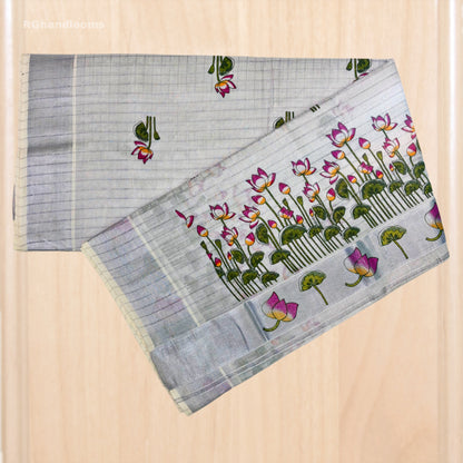 Silver Tissue Mural Print Saree with Lotus Design