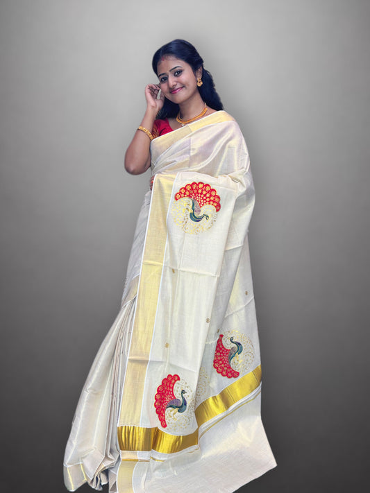 GoldenTissue Saree Peacock Embroidery Work