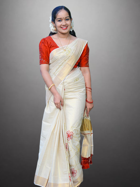 Beige Kerala Saree with Stitched Flower, Red Line, and Golden Border