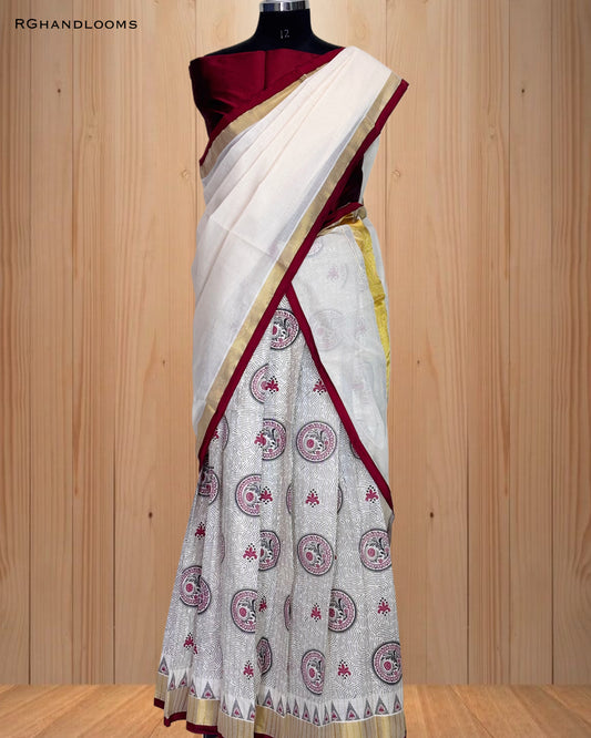 Kerala traditional Dhavani set, Red and golden Border