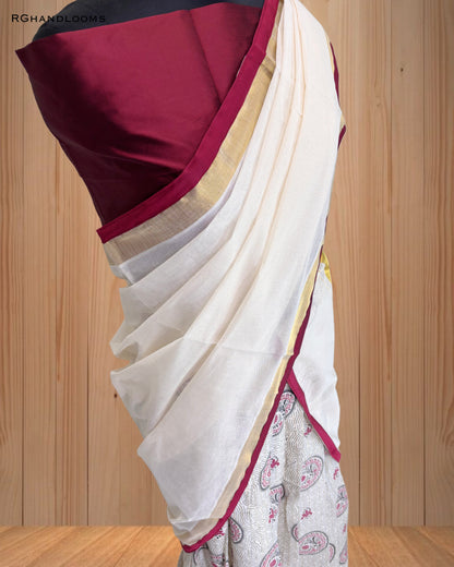 Kerala traditional Dhavani set, Red and golden Border