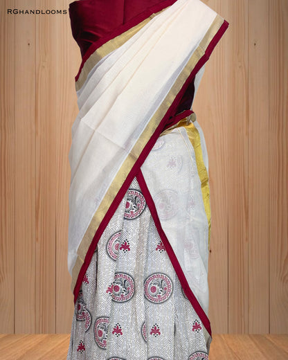 Kerala traditional Dhavani set, Red and golden Border