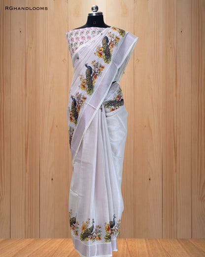 Pink Tissue Saree with Mural Print Peacock Design, paired with a stylish printed blouse