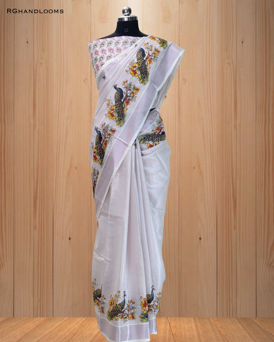 Pink Tissue Saree with Mural Print Peacock Design, paired with a stylish printed blouse
