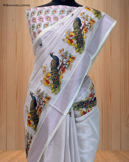 Pink Tissue Saree with Mural Print Peacock Design, paired with a stylish printed blouse