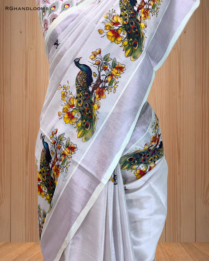 Pink Tissue Saree with Mural Print Peacock Design, paired with a stylish printed blouse