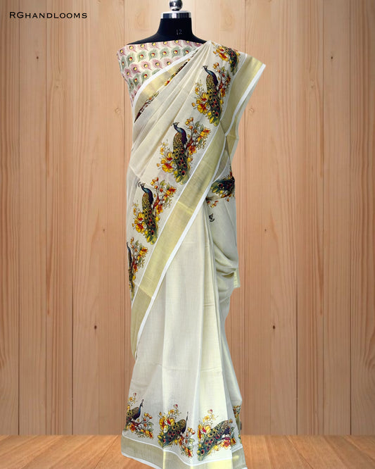 Gold Tissue Saree with Mural Print Peacock Design, paired with a stylish printed blouse.