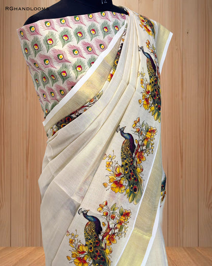 Gold Tissue Saree with Mural Print Peacock Design, paired with a stylish printed blouse.