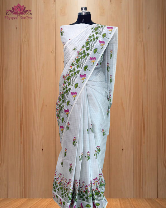 Silver Tissue Mural Print Saree with Lotus Design