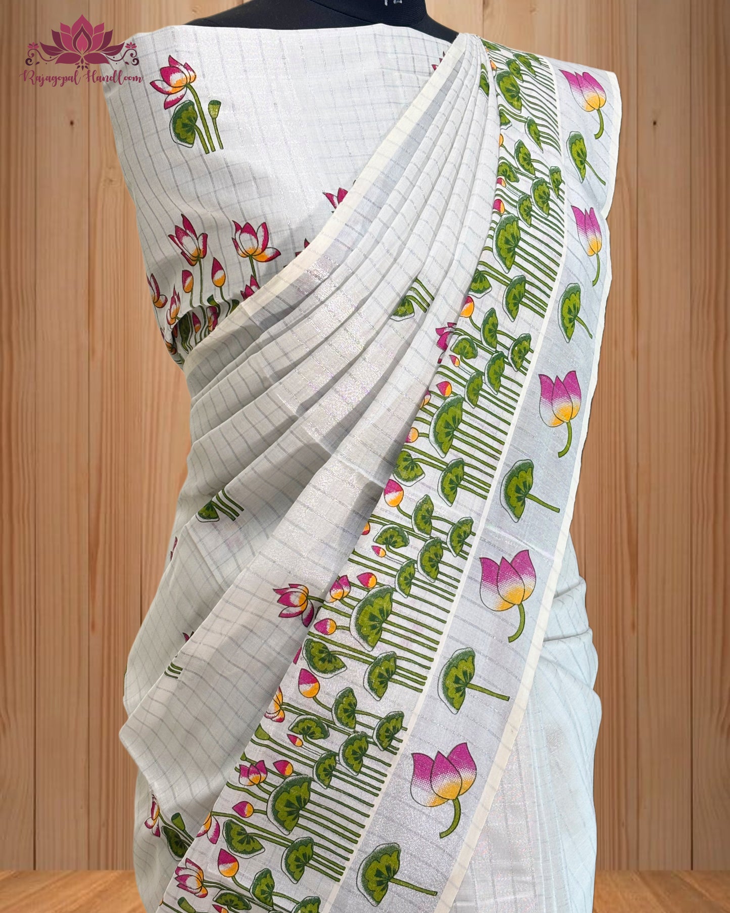 Silver Tissue Mural Print Saree with Lotus Design