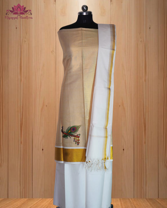vory Churidar Material with Graceful Peacock Design & Golden Border