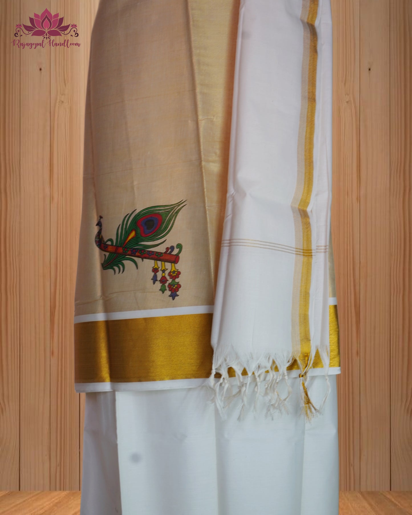 vory Churidar Material with Graceful Peacock Design & Golden Border