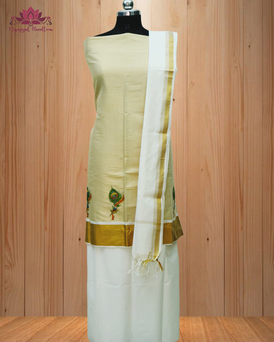 Beige Churidar Material, beautifully crafted with a stunning Peacock Leaf Design