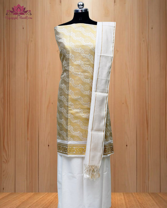 White Churidar Material with intricate Golden Design