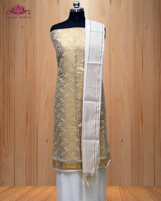 White Churidar Material with intricate Golden Design and a stunning Golden Border