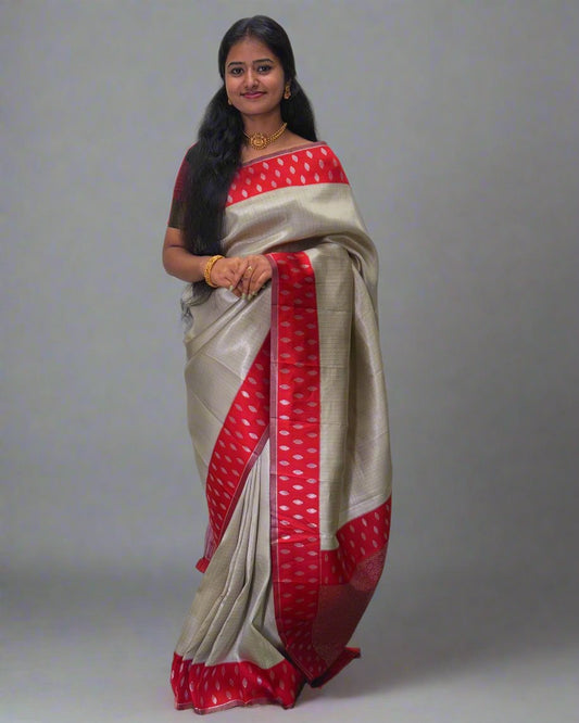 Handloom Tissue Silk Saree With Red Border and Rich Pallu