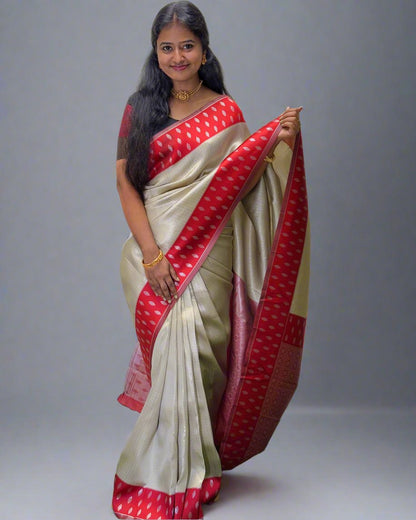 Handloom Tissue Silk Saree With Red Border and Rich Pallu