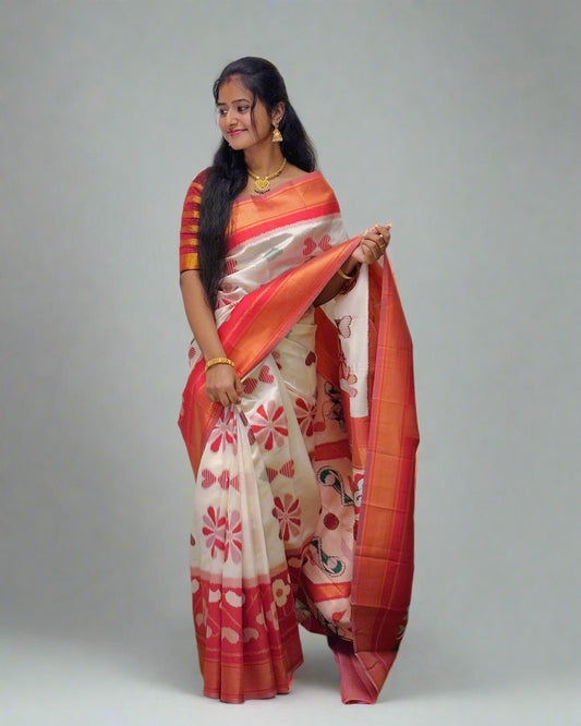 Handloom Silk Saree with Floral Design and Orange Border