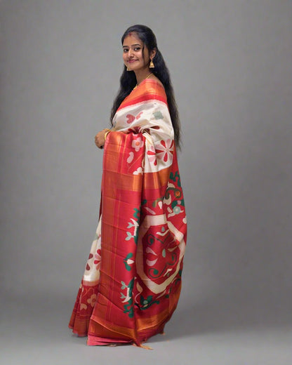 Handloom Silk Saree with Floral Design and Orange Border