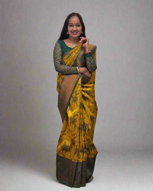 Handloom Yellow Silk Saree with Floral Design