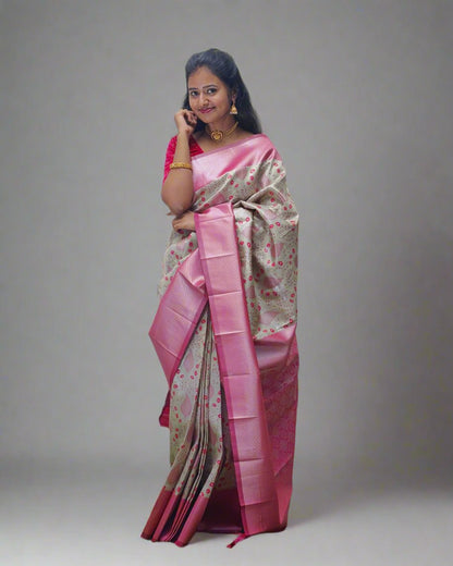 Handloom Silk Saree with Floral Design and Pink Border