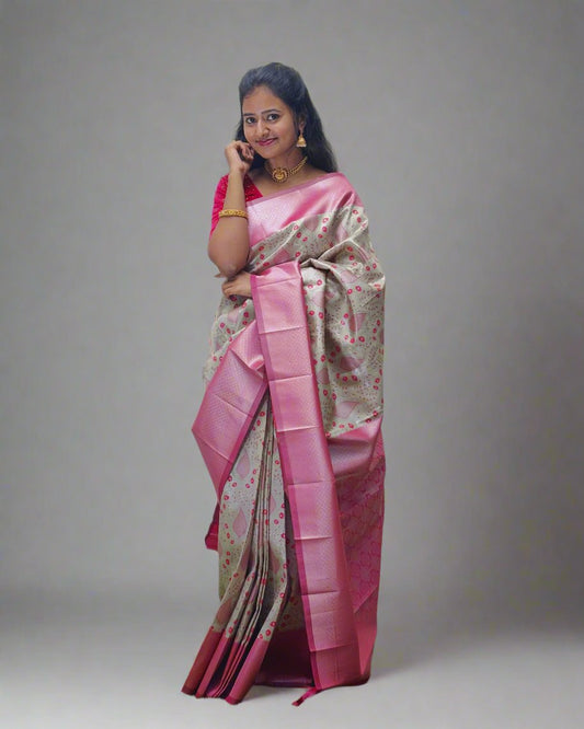 Handloom Silk Saree with Floral Design and Pink Border